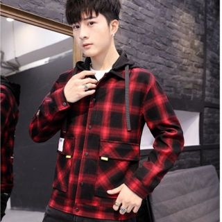 Áo khoác sơ mi thun sọc caro đỏ phối đen