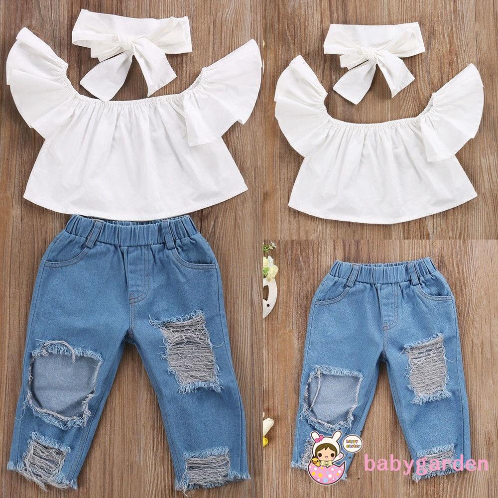 Set Áo Trễ Vai + Quần Jeans Dài Dễ Thương Cho Bé Gái