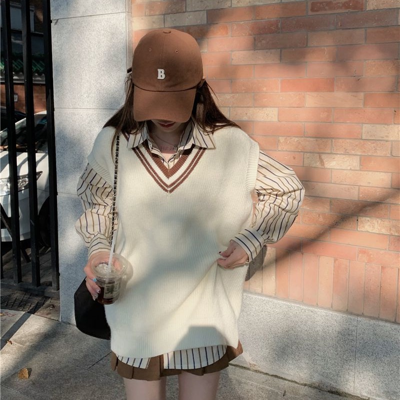 Set Áo Sơ Mi Tay Dài Kẻ Sọc + Áo Vest Dệt Kim Sát Nách Cổ Chữ V Phong Cách Hàn Quốc Mới Cho Nữ