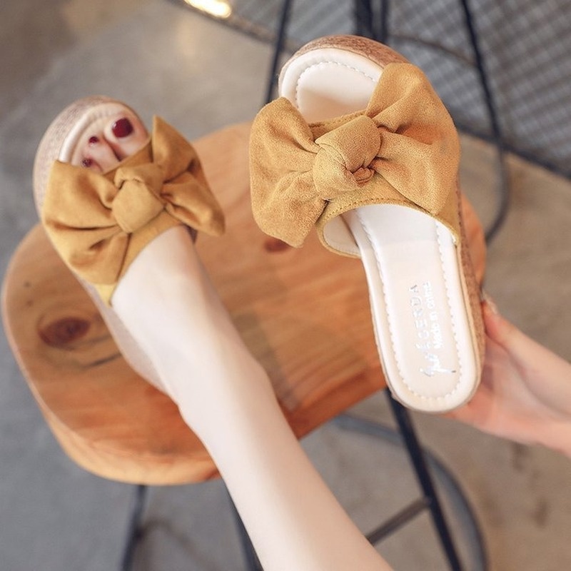 Dép đế xuồng đính nơ cỡ 7cm phong cách mùa hè thời trang cho nữ
