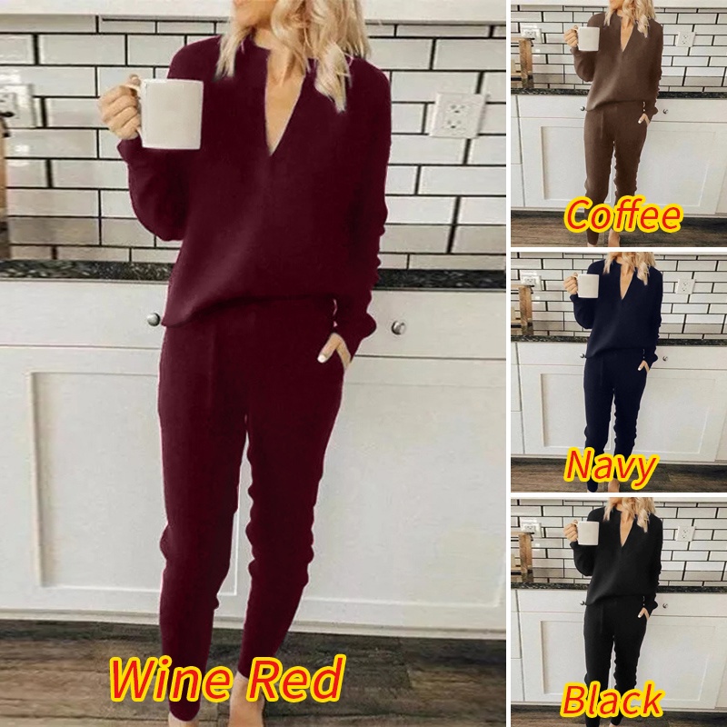 Set đồ thể thao ZANZEA gồm áo sweatshirt cổ chữ V + quần dài eo co giãn phong cách thường ngày cho nữ