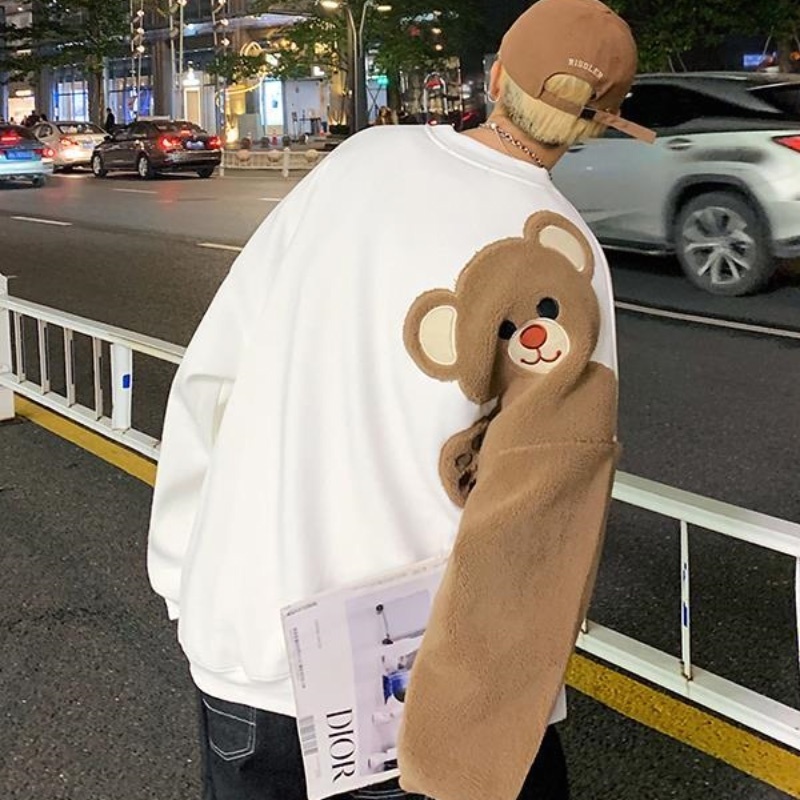 Áo Thun Tay Dài Dáng Rộng Thêu Hình Gấu Phối Màu Dễ Thương Thời Trang Cho Nam Và Nữ