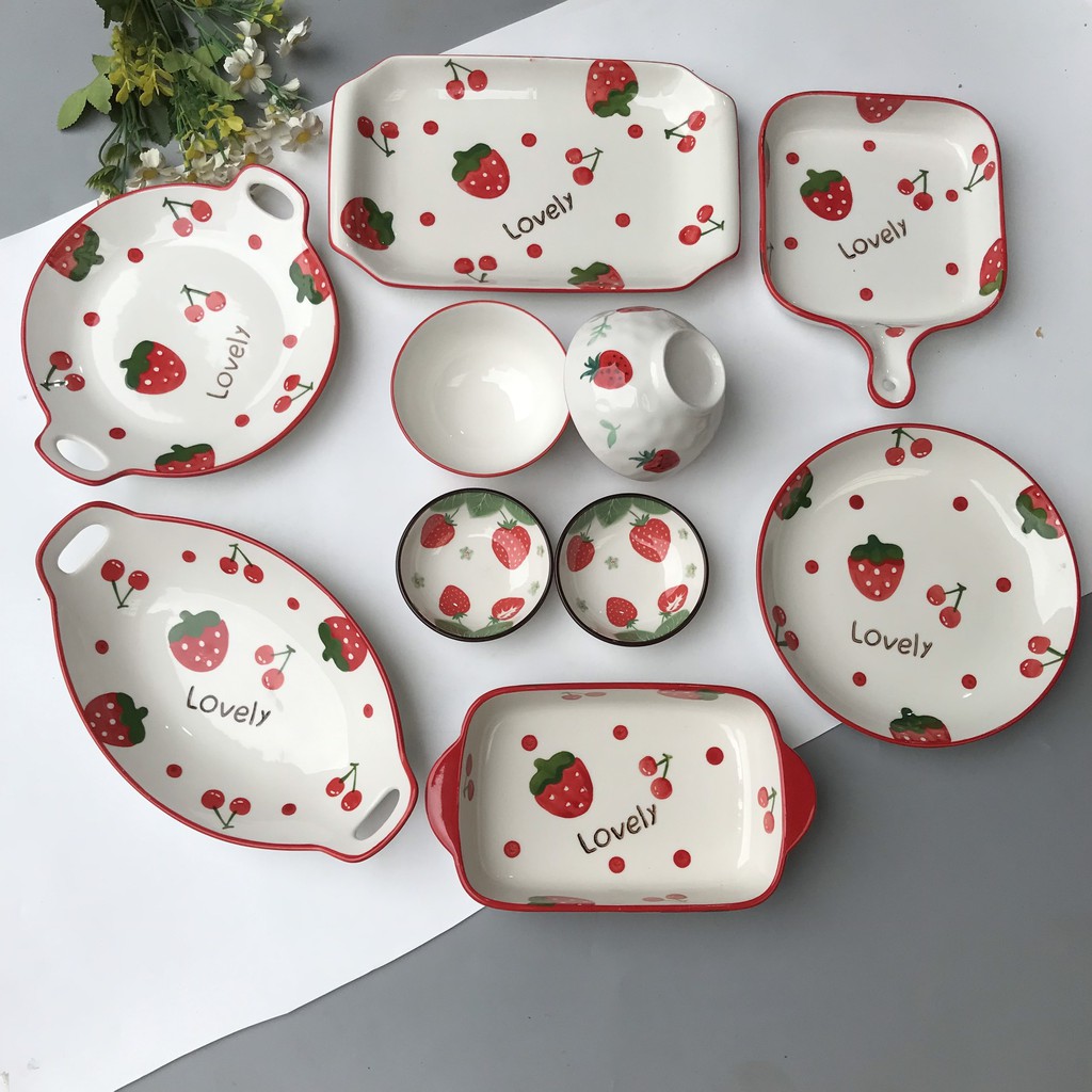 Set Bát Đĩa  Dâu Tây  Ăn Cơm, Mì, Decor Bàn Ăn Dễ Thương Gosumy