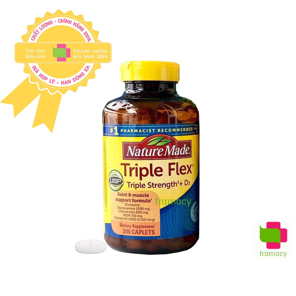 Viên bổ khớp toàn diện Nature Made Triple Flex Glucosamine, Chondroitin, MSM và D3, Mỹ (200v) cho người từ 18 tuổi