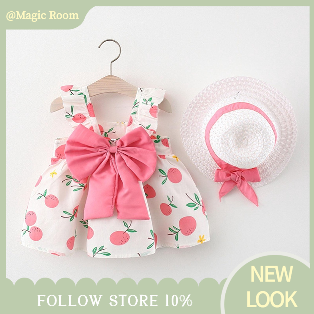 Babyfair Đầm Sling Bé Gái Nơ Không Tay Dây Lông Tơ Công Chúa Kèm Mũ Chống Nắng Cho Trẻ Sơ Sinh Tập Đi