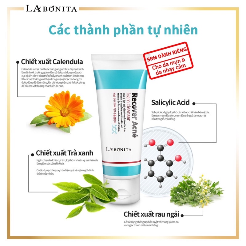 Sữa rửa mặt giảm mụn, phục hồi & dịu da - La Bonita Recover Acne Foam Cleanser 100ml