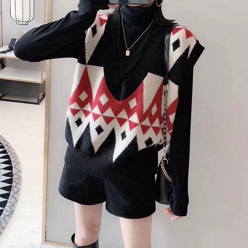 Áo Len Không Tay Cổ Chữ v Màu Sắc Tương Phản Phong Cách Hàn Quốc Dành Cho Nữ