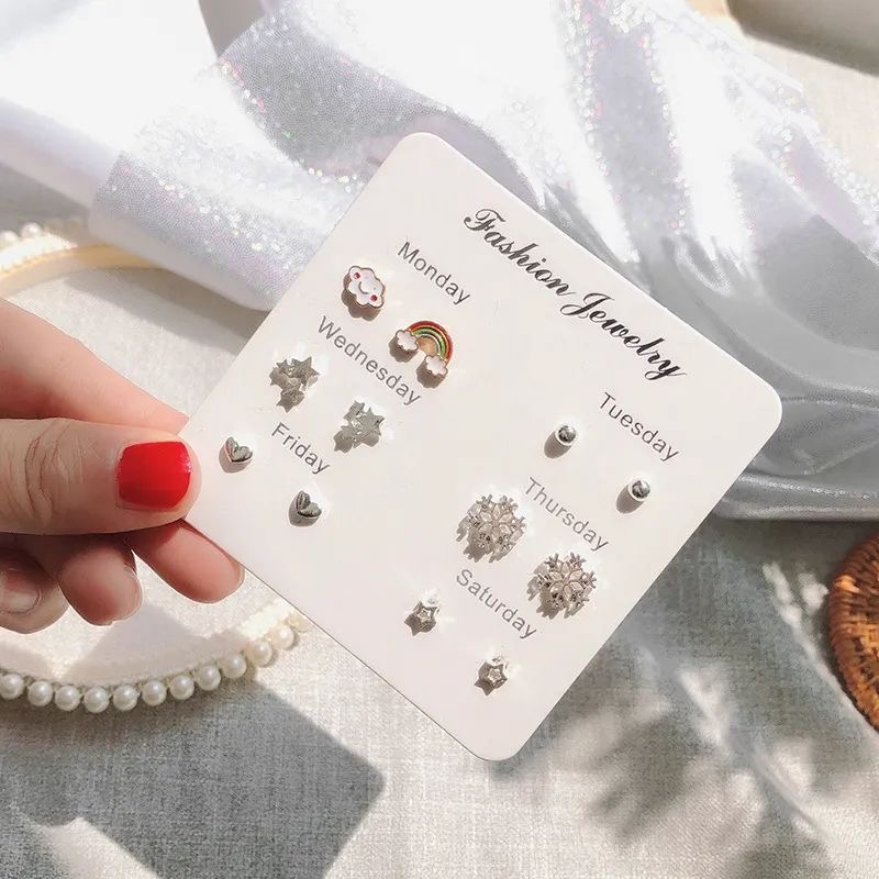 Set 6 khuyên tai đính đá ngọc trai đơn giản phong cách Hàn Quốc