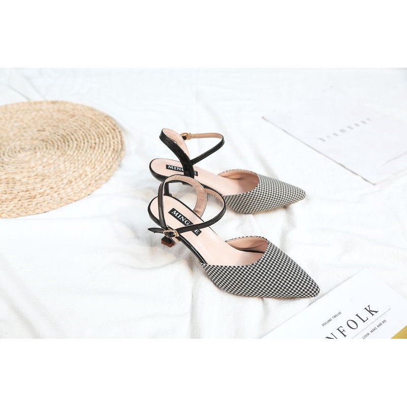 [FREE SHIP 99K] Giày cao gót mũi nhọn kẻ caro quai mảnh trẻ trung - G046