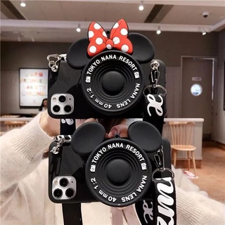 Đối với iPhone 6 6S 7 8 Plus X XS Max XR 13 12 Mini 11 14 15 Pro Max Phim hoạt hình TPU mềm Nắp lưng đồng xu Máy ảnh 3D Túi đựng ví Mickey Minnie Túi đựng điện thoại có dây buộc