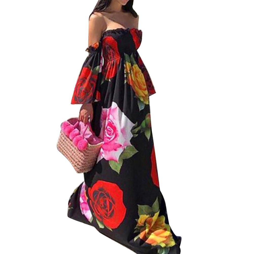 Đầm Maxi trễ vai tay loe hoạ tiết hoa phong cách Bohomian