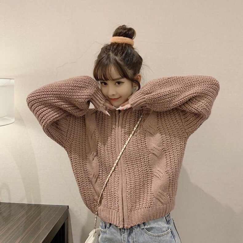 Áo Khoác Len Cardigan Dáng Rộng Có Khóa Kéo Thời Trang Thu Đông Cho Nữ