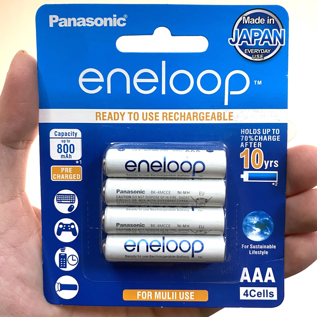 Pin Sạc Eneloop AAA Trắng 800 mAh - madein Japan 1,2V Vỉ 4 Viên BK-4MCCE/4BV