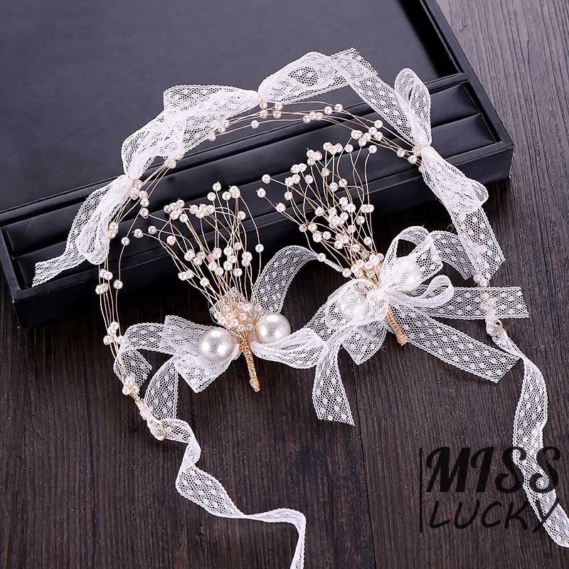 Set cài tóc + đôi bông tai dáng dài thắt nơ đính ngọc trai giả xinh xắn cho nữ