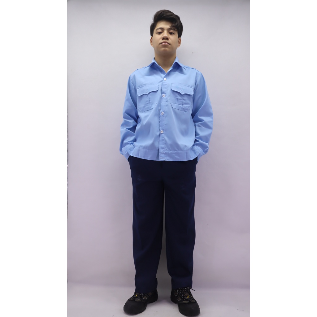 Áo bảo hộ lao động vải Kaki liên doanh, màu xanh hòa bình, sản xuất bởi Bảo hộ FFD