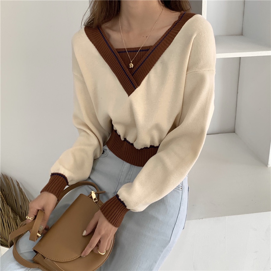 SUXI Áo sweater cổ chữ V thiết kế mới thời trang mùa thu theo phong cách hàn quốc cho nữ