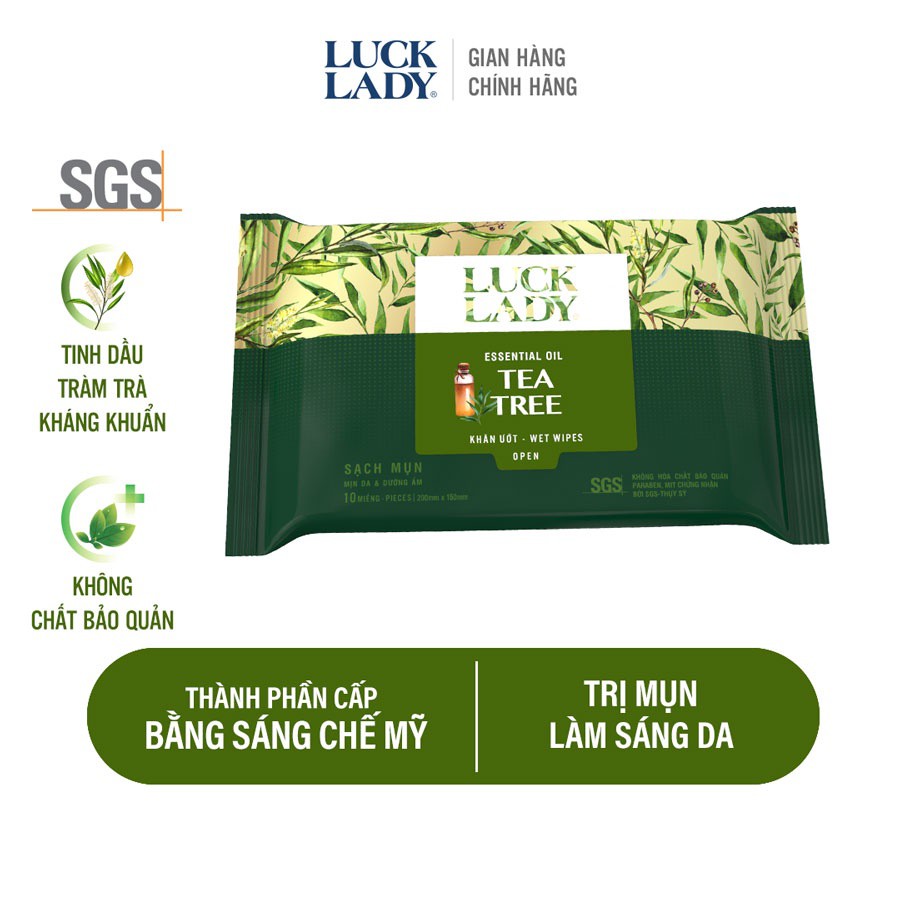 Khăn ướt ngừa mụn, mềm mịn da Luck Lady Tea Tree 10 tờ/gói