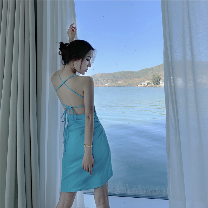 (ORDER) Váy hai dây màu xanh dương tươi mát, dây đan chéo hở lưng sexy quyến rũ style đi biển