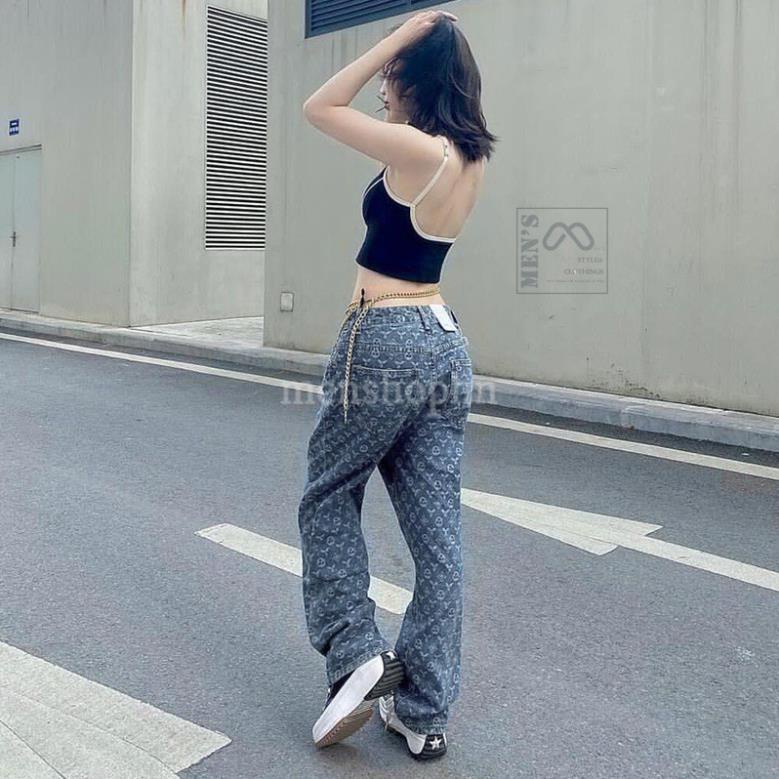 (CÓ SẴN - ẢNH THẬT) Quần Jean Baggy Nữ In Họa Tiết LV 3sao - Quảng Châu Cao Cấp - Quần LV ống suông rộng - POLOMENS