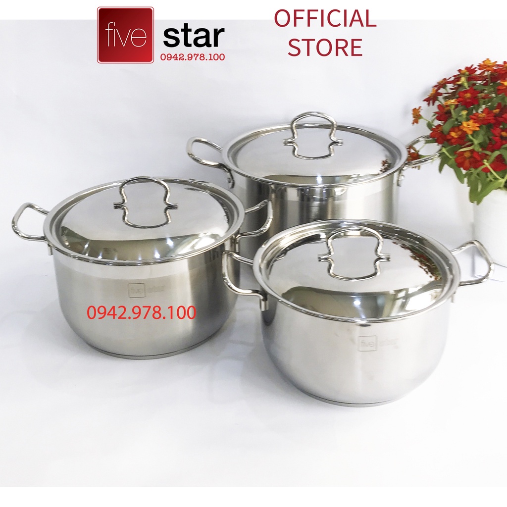 Nồi inox cao cấp FiveStar Standard 3 đáy nắp inox tặng 2 vá ( 26cm / 28cm / 30cm / 32cm ) , dùng được bếp từ, gas, hồng