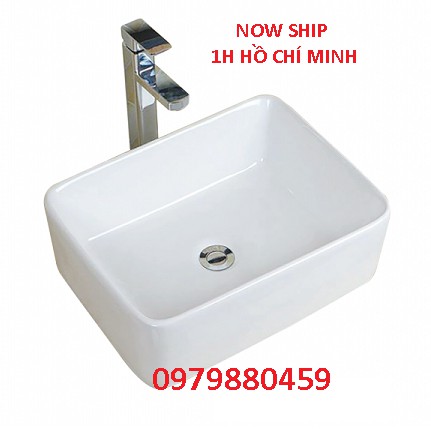 Lavabo chữ nhật đặt bàn siêu nhỏ  48x37cm, men kháng khuẩn