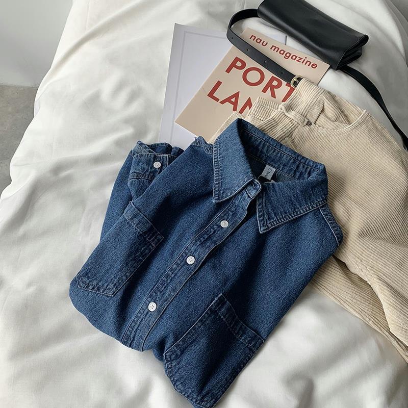 Áo sơ mi denim tay dài dáng rộng phong cách Hàn Quốc thời trang trẻ trung cho nữ