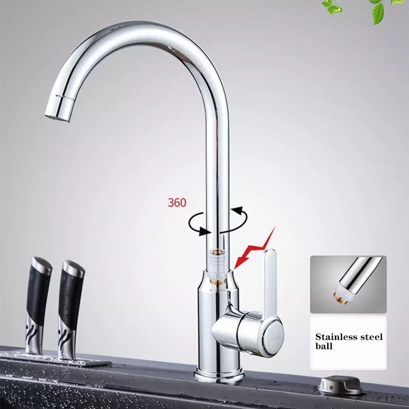 Vòi Rửa Chén Bát Nóng Lạnh Inox 304 Cổ Bi Thân Cứng Mạ Màu Bạc Với Cần Gạt Dẹt, Đầu Vòi Tạo Bọt, Chống Giọt Bắn Cao Cấp