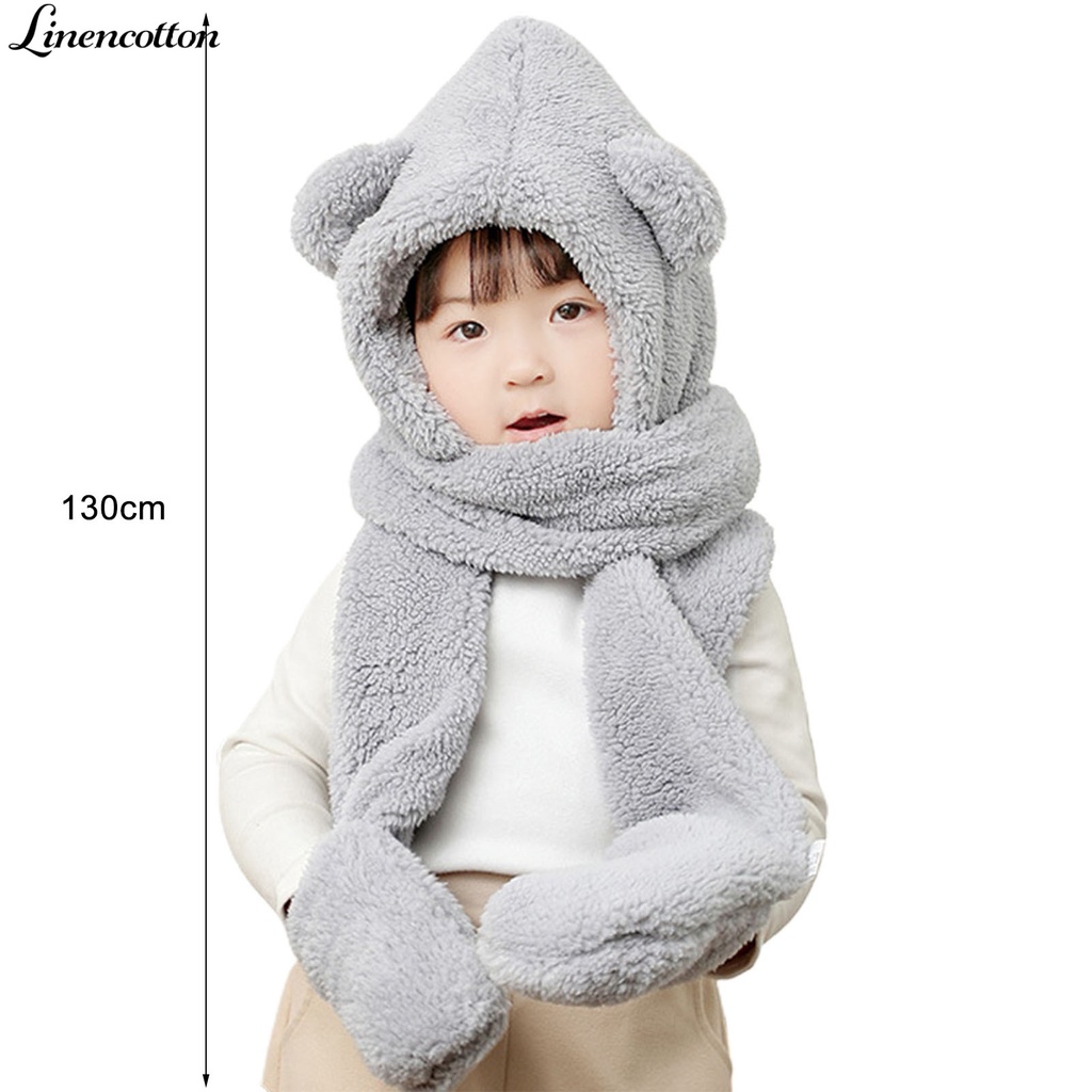 Nón kiêm khăn choàng cổ và găng tay bằng cotton lanh chống lạnh hình gấu dễ thương cho bé