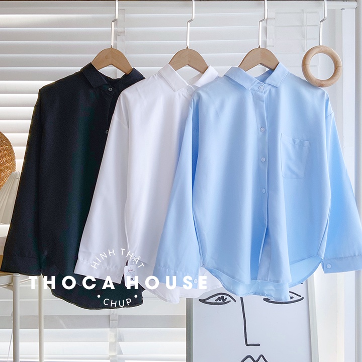 Áo sơ mi nữ vạt bầu ba nút sau trắng, đen, xanh THOCA HOUSE kiểu cách, gợi cảm, phối mọi trang phục