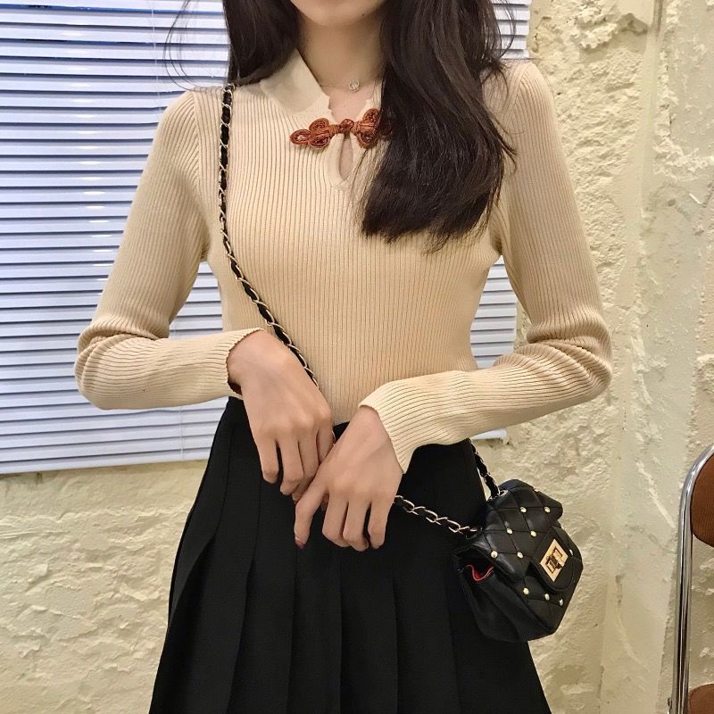 Áo len mỏng dài tay dáng ôm phong cách retro thiết kế mới 2 màu