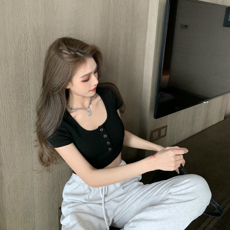 Áo Thun Croptop Tay Ngắn Dáng Ôm Màu Trơn Plus Size S-2XL Phong Cách Hàn Quốc Thời Trang Quyến Rũ Cho Nữ
