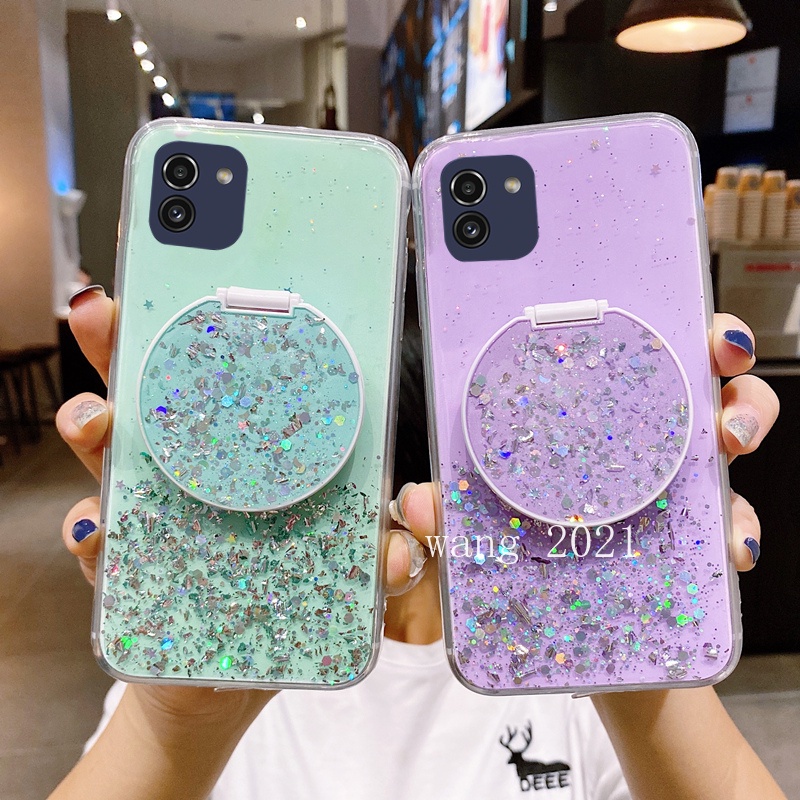 Ốp Điện Thoại Dẻo Gắn Gương Trang Điểm Kim Tuyến Kèm Giá Đỡ Cho Samsung Galaxy A03 S22 S21 FE 5G + Ultra 5G