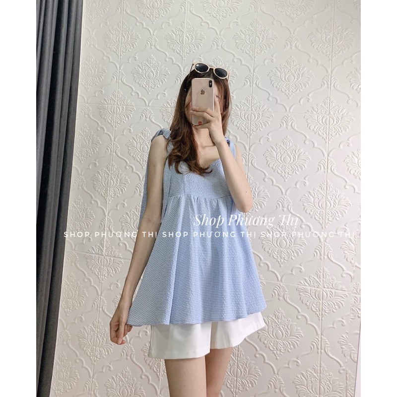 SET ÁO HAI DÂY KẺ XANH BABYDOLL KÈM QUẦN SOOC - Sét bộ ulzzang (hàng sẵn)