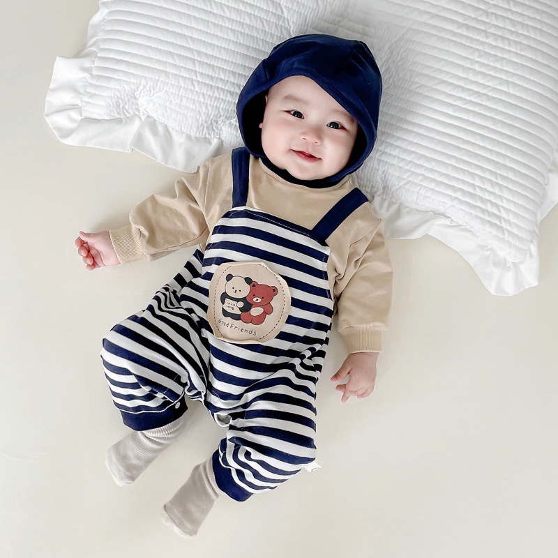 Bộ Áo Liền Quần Tay Dài + 1 Dây Đeo In Họa Tiết Sọc Dễ Thương Thời Trang Mùa Đông Cho Bé Sơ Sinh