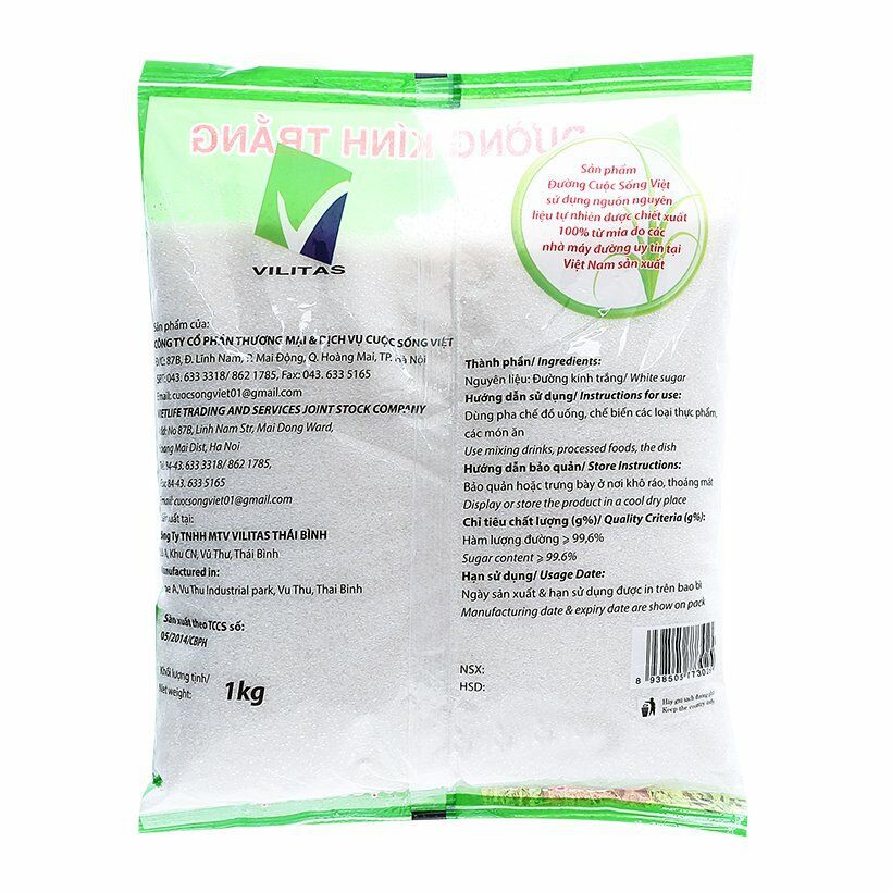 Combo 2 kg đường trắng ,vàng Vilitas túi 1kg date 06/2024