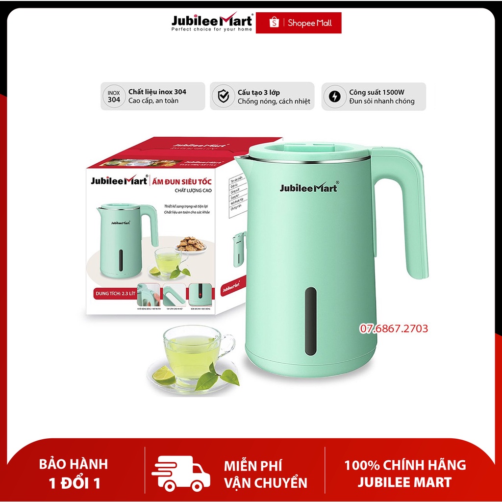 Ấm đun siêu tốc Jubilee Mart dung tích 1.8L inox 304 3 lớp công suất 1500W đun sôi nhanh