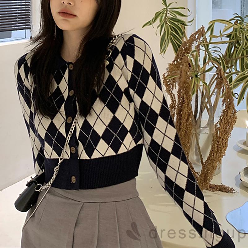 Áo sweater tay dài cổ bẻ phối nút đính đá thời trang cho nữ