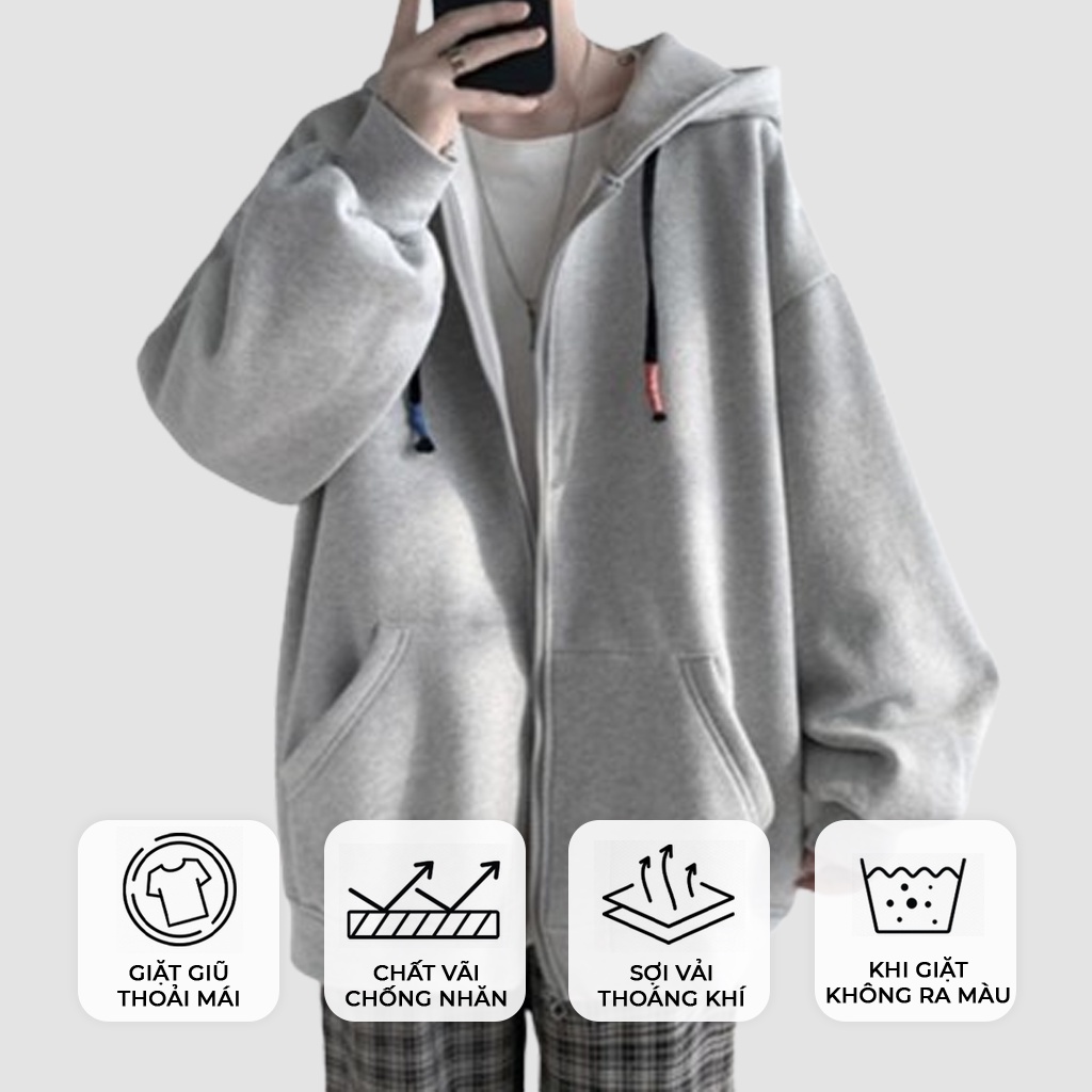 Áo Khoác Kéo Khóa Nam, Nữ Hoodie Basic Unisex Nỉ From Rộng Màu Xám HDKK950