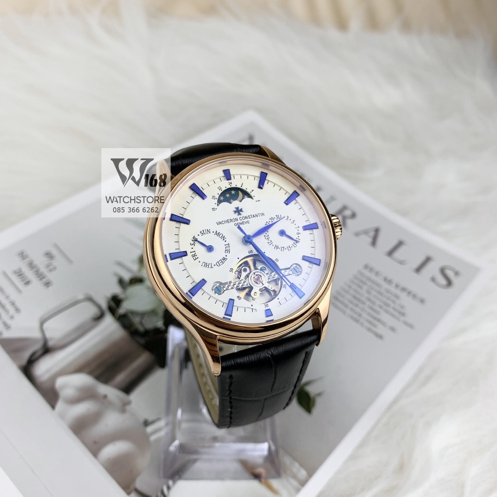 Đồng hồ Nam Vacheron máy nhật, mẫu kim xanh lộ cơ thanh ngang, mặt trắng viền vàng, dòng cơ Automatic size 40mm-41mm