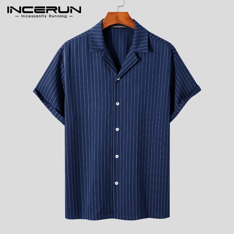Áo sơ mi INCERUN ngắn tay họa tiết kẻ sọc thời trang mùa hè cho nam