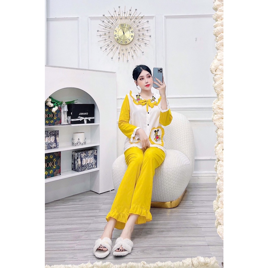 Đồ ngủ pijama tay dài có túi 2 bên họa tiết in  hình mickey vải  kate lụa siêu xinh freesize dưới 57kg
