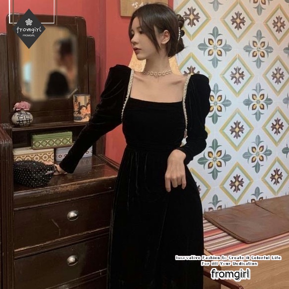 Đầm chữ A tay dài cổ vuông phong cách Hàn Quốc thời trang mùa xuân dành cho nữ