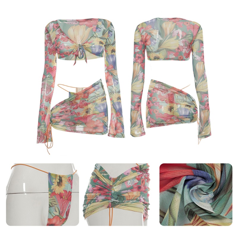 Set áo croptop thắt nút tay dài+chân váy mini xếp nếp dây rút+quần lót lưới hoa thời trang đi biển gợi cảm cho nữ
