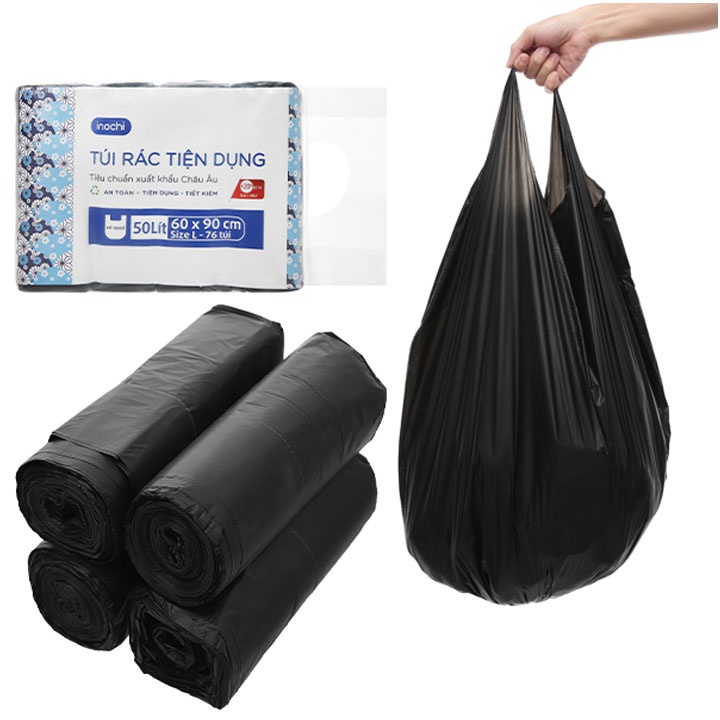 Túi Rác Tự Huỷ INOCHI Có Quai Tiện Dụng Lô 4 Cuộn Màu Đen, Bao đựng Rác Văn Phòng Bảo Vệ Môi Trường