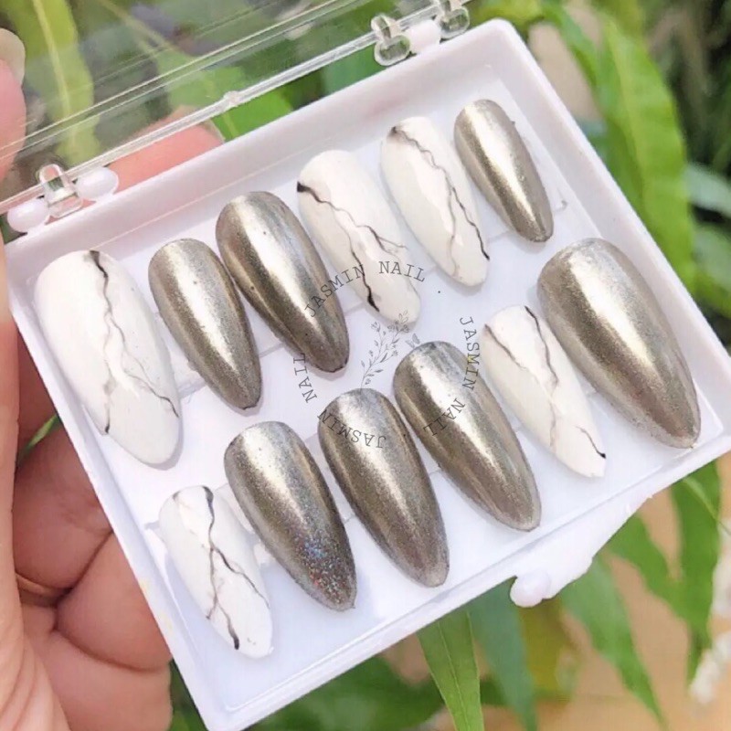 [ NAILBOX ] móng úp thiết kế mẫu vân đá tráng gương bạc