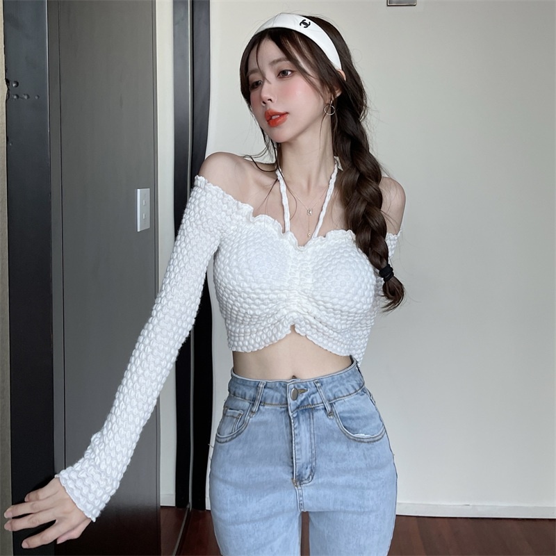 Áo kiểu croptop IHKKE hở vai thiết kế kiểu dây rút co giãn quyến rũ thời trang dành cho nữ