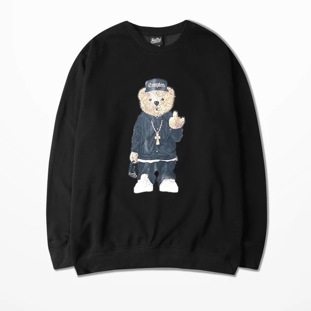 Áo sweater unisex, áo sweater form rộng, áo nỉ sweater Nelly Heybig chính hãng streetstyle in hình gấu cute màu đen S1