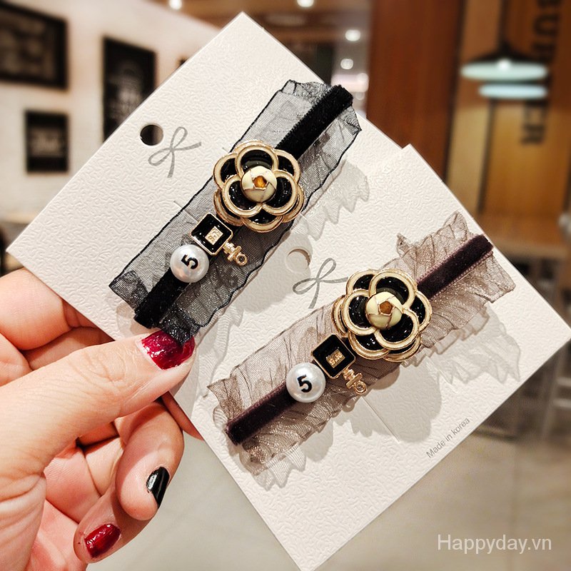 Kẹp tóc mái hoa trà pha ren Dongdaemun khí chất Hàn Quốc