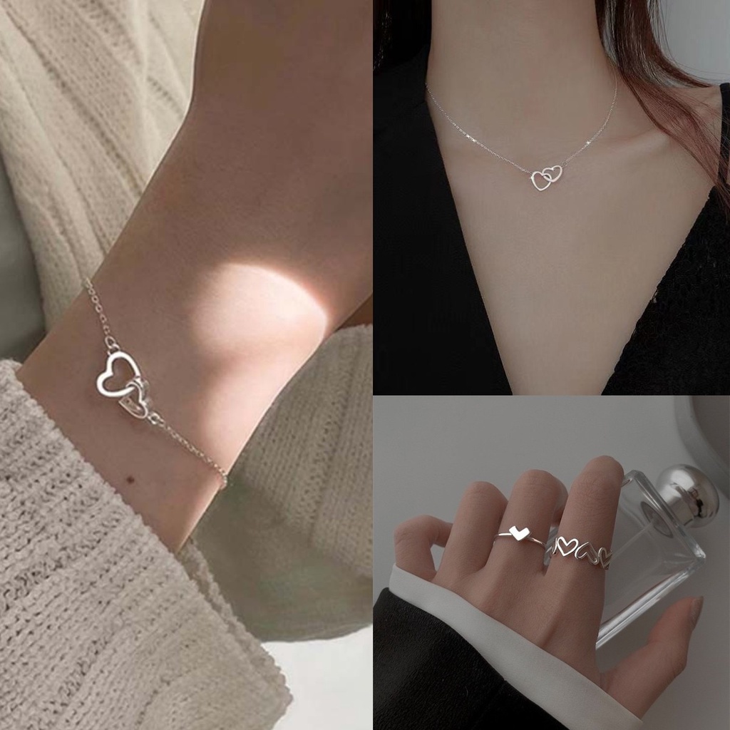 Bộ Trang Sức Mạ Bạc Hình Trái Tim Đôi Thời Trang