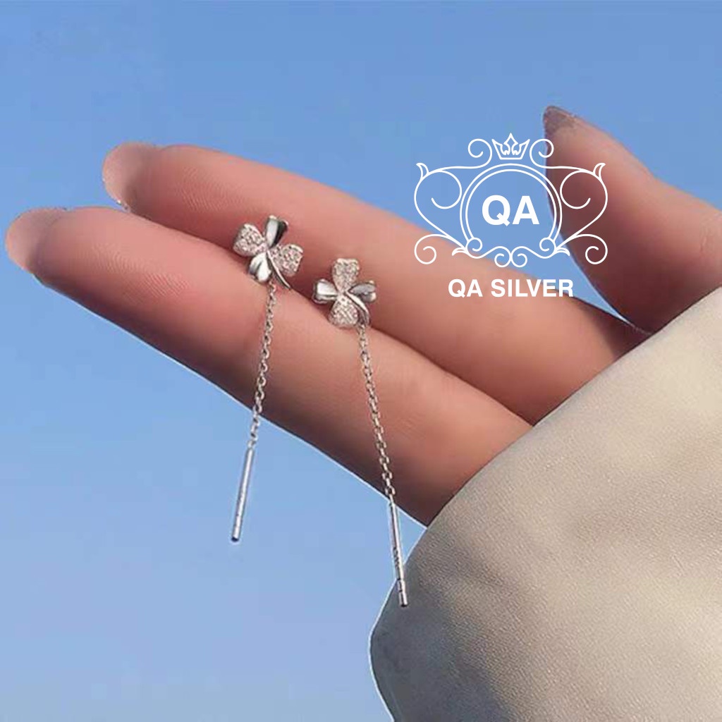 Khuyên tai bạc 925 cỏ bốn lá đính đá dáng dài bông nữ S925 CLOVER LEAF QA SILVER Earrings EA220706
